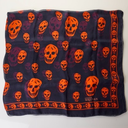 Alexander McQueen, 100% Silk Navy / Orange Skull Print Scarf