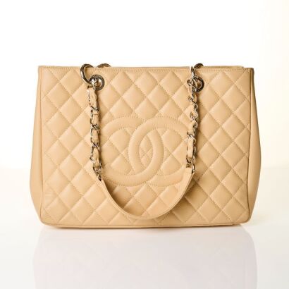 Chanel, Beige Caviar Leather Grand Shopping Tote with Box