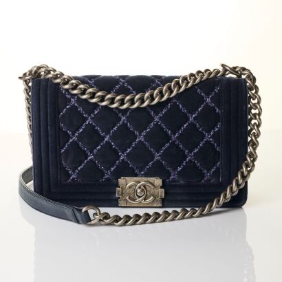 Chanel, Navy Velvet LeBoy Bag, Size M with Box