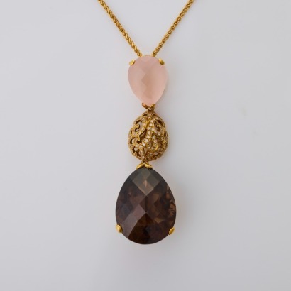 Fei Lu,18ct Yellow Gold, Rose Quartz / Smoky Quartz / 0.60ct Diamond Pendant with Chain
