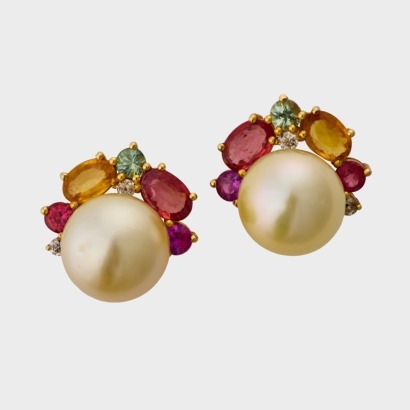 14ct Yellow Gold, 11mm Pearl / Multi Gemstone / 0.04ct Diamond Earrings