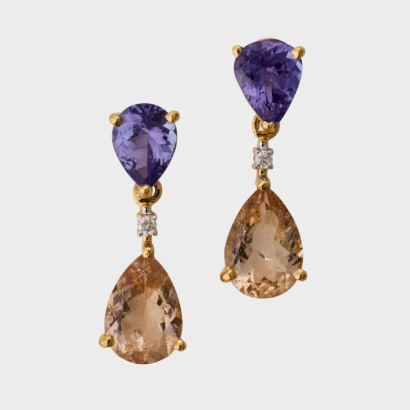 14ct Yellow Gold, 2.18ct Tanzanite / 3.09ct Morganite / 0.04ct Diamond Drop Earrings