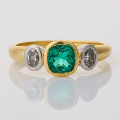 18ct Yellow Gold / Platinum, 0.72ct Emerald / 0.284ct Diamond Three Stone Ring