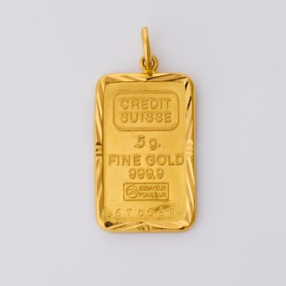 Credit Suisse, 22ct Yellow Gold, Mounted 5.0 Gram Gold Bar Pendant