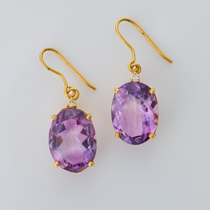 14ct Yellow Gold, Oval Amethyst / .03ct Diamond Drop Earrings
