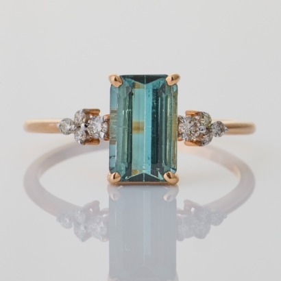 14ct Yellow Gold, Rectangular Cut Green Tourmaline / .06ct Diamond Ring