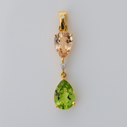 14ct Yellow Gold, Modern, Pear Shaped Peridot / Morganite / 0.03ct Diamond Pendant