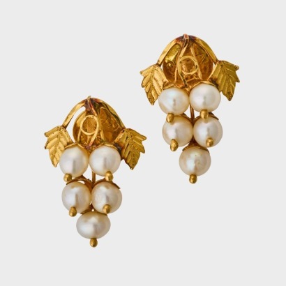 22ct Yellow Gold, Pearl Drop Grape Vine Design Earrings