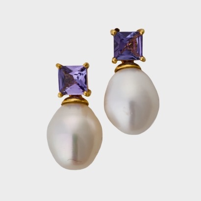 14ct Yellow Gold, Square Cut Tanzanite, 11mm Pearl Stud Earrings