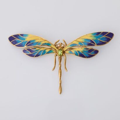 9ct Yellow Gold, Art Nouveau Style, Enamel, Peridot / .03ct Diamond set, Dragonfly Brooch