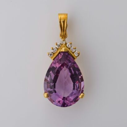 18ct Yellow Gold, Pear Cut Amethyst, .14ct Diamond Enhancer Pendant