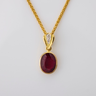 18ct Yellow Gold, 2.05ct Ruby Pendant on 50cm Wheat Sheaf Chain
