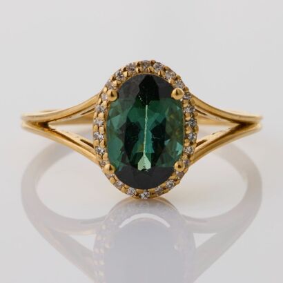 14ct Yellow Gold, 1.31ct Oval Mixed Cut Natural Green Tourmaline / .08ct Diamond Ring