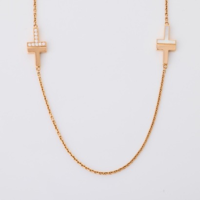 Tiffany & Co, 85cm, 18ct Rose Gold, Diamond / Mother of Pearl Station Necklace