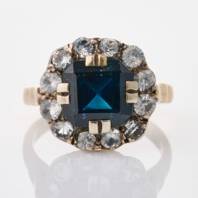 9ct Yellow / White Gold, 7.0mm Square Cut Sapphire / Clear Stone Ring