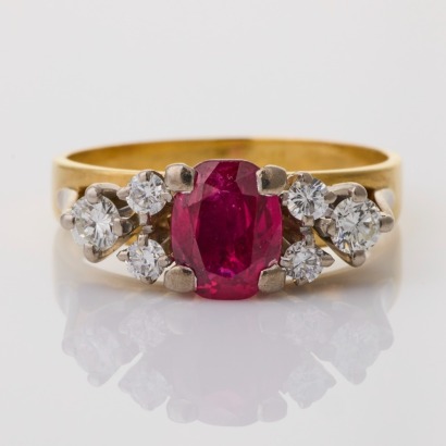 18ct Yellow Gold, 1.00ct Oval Mixed Cut Ruby / 0.31ct Diamond Cluster Ring