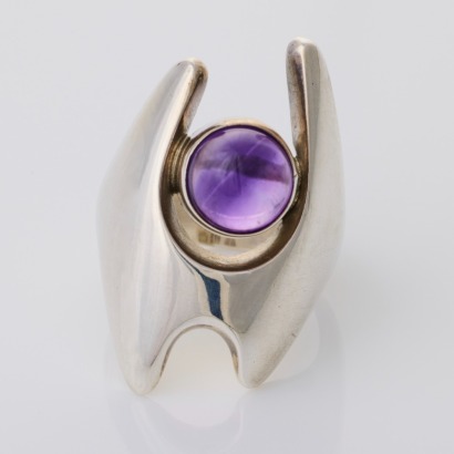 Sterling Silver, Georg Jensen, Cabochon Cut Amethyst Ring, Size J