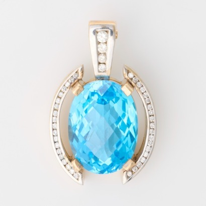 9ct Yellow / White Gold, Modern, Handmade, 0.50ct Diamond / Oval Blue Topaz Enhancer Pendant