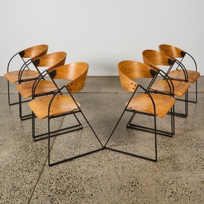 A Set of Six Carin Wilson Plywood and Steel Chairs Designed for Wellington Central Library, 1991