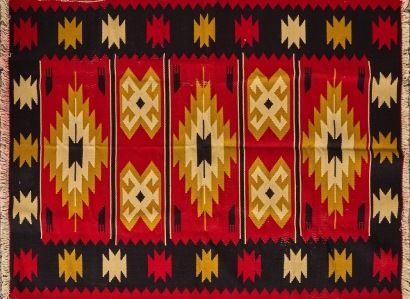 A Bright Flat Weave Kilim in Red Black and Mustard
