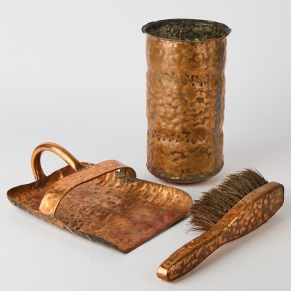 An Antique Beaten Copper Fireside Brush and Shovel with Poker Pot