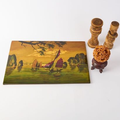A Group of Two Chinese Wood Carvings and A Painted Wood Landscape Panel