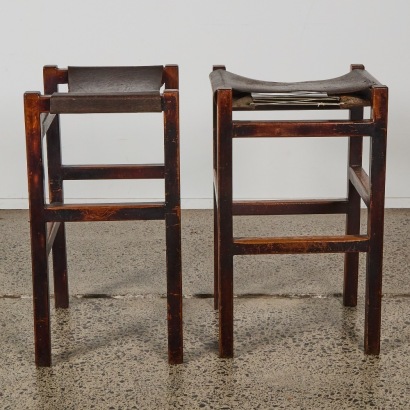 A Pair of Vintage Teak Stools with Leather Seats