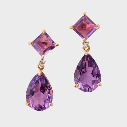 14ct Rose Gold, 6.80ct Square / Pear Cut Amethysts /.03ct Diamond Earrings
