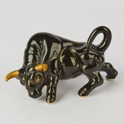 A Vintage Mid-Century Black & Gold Ceramic Bull