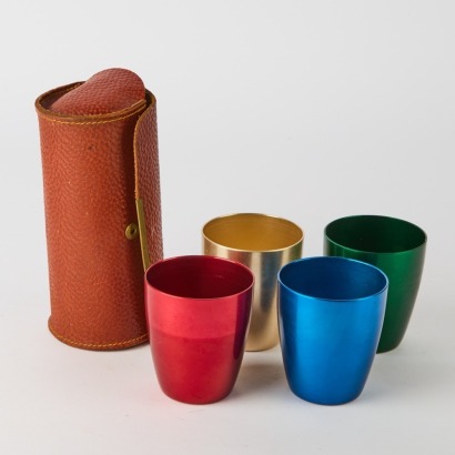A Vintage Anodized Travel Cups in Leather Case