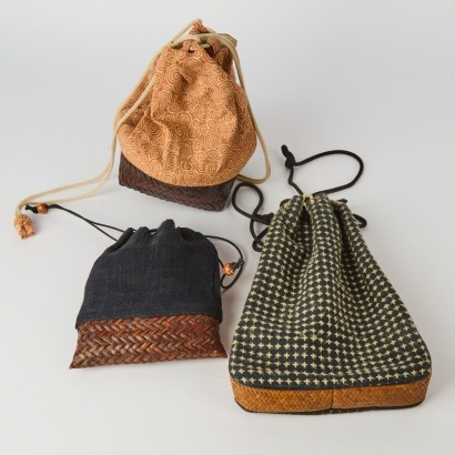 Three Vintage Japanese Cloth and Woven Rattan Bags