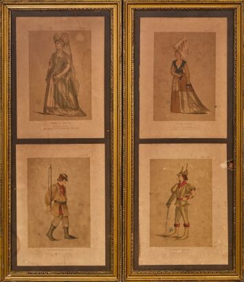 A Pair of Framed Illustrations from Notes on Civil Costume by Lewis Wingfield, c. 1880s
