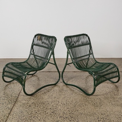 A Pair of Retor Green Cane Outdoor Chairs