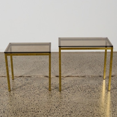 A Pair of Vintage Brass and Smoked Glass Side Tables