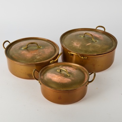 A Trio of Tagus Copper Lidded Saucepans