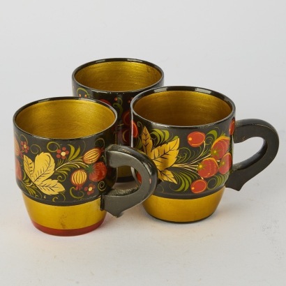 A Trio of Hand-Painted Khokhloma Mugs, U.S.S.R