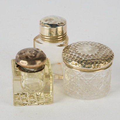 A Trio of Vintage Glass Containers with Sterling Lids