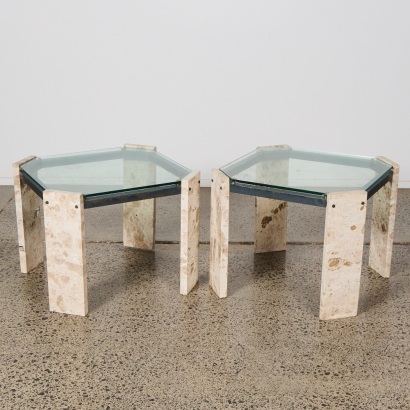A Pair of Vintage Glass and Italian Marble Tables As Found