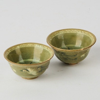 Two Korean Celadon Cranes Small Cups-John Perry Collections