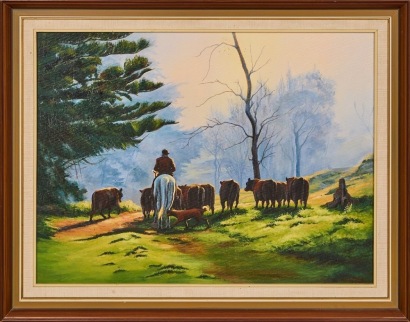 A Cowboy with Cows Painting, Signed N. Cameron.