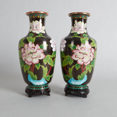 A Pair of Chinese Black Ground 'Floral' Cloisonne Vases