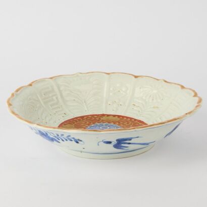 A Japanese Meiji Period Blue and White and Red Floral Lobed Plate