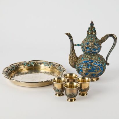 A Chinese Early 20th Century Silver and Painted 'Dragon' Enamel Tea Set