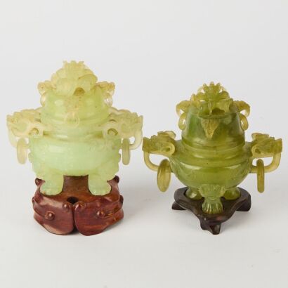 A Set of Two Chinese Green Jade Censers