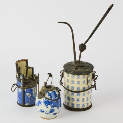 A Set of Three Chinese Blue and White Opium Pipes