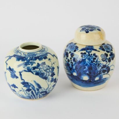 A Pair of Chinese Qing Dynasty Blue and White &lsquo;Flowers and Birds&rsquo; Jars