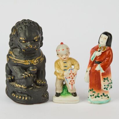 A Chinese Resin Lion AND A Set of Two Chinese Porcelain Figure Ornaments