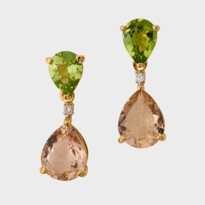 14ct Yellow Gold, 3.63ct Morganite / 2.00ct Peridot / .02ct Diamond Drop Earrings