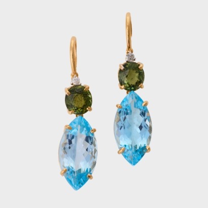 14ct Yellow Gold, Modern, 7.25ct Swiss Blue Topaz / 3.30ct Tourmaline / .02ct Diamond Drop Earrings