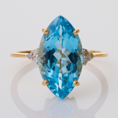 14ct Yellow Gold, 9.65ct Swiss Blue Marquise Cut Topaz / .04ct Diamond Ring